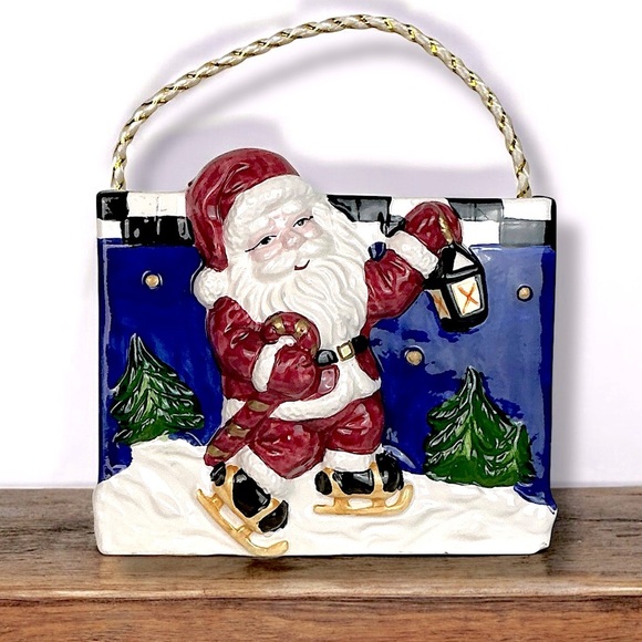Vintage Ceramic Gift Bag Decorative Skating Santa Blue Christmas Holiday Theme - Picture 16 of 16